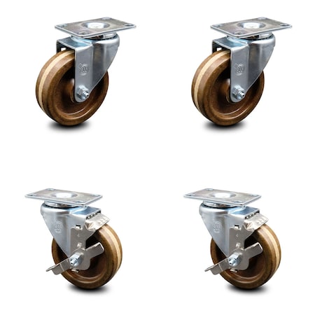 Service Caster 4 Inch High Temp Phenolic Wheel Swivel Top Plate Caster Set with 2 Brakes SCC SCC-20S414-PHSHT-TP2-2-TLB-2